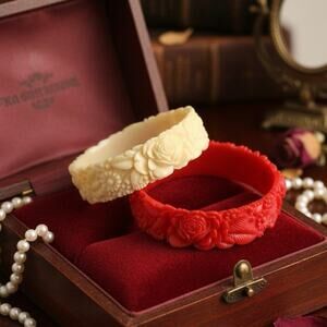 Vintage 1930s Bangle Set - Carved Cinnabar & Pierced French Ivory Celluloid